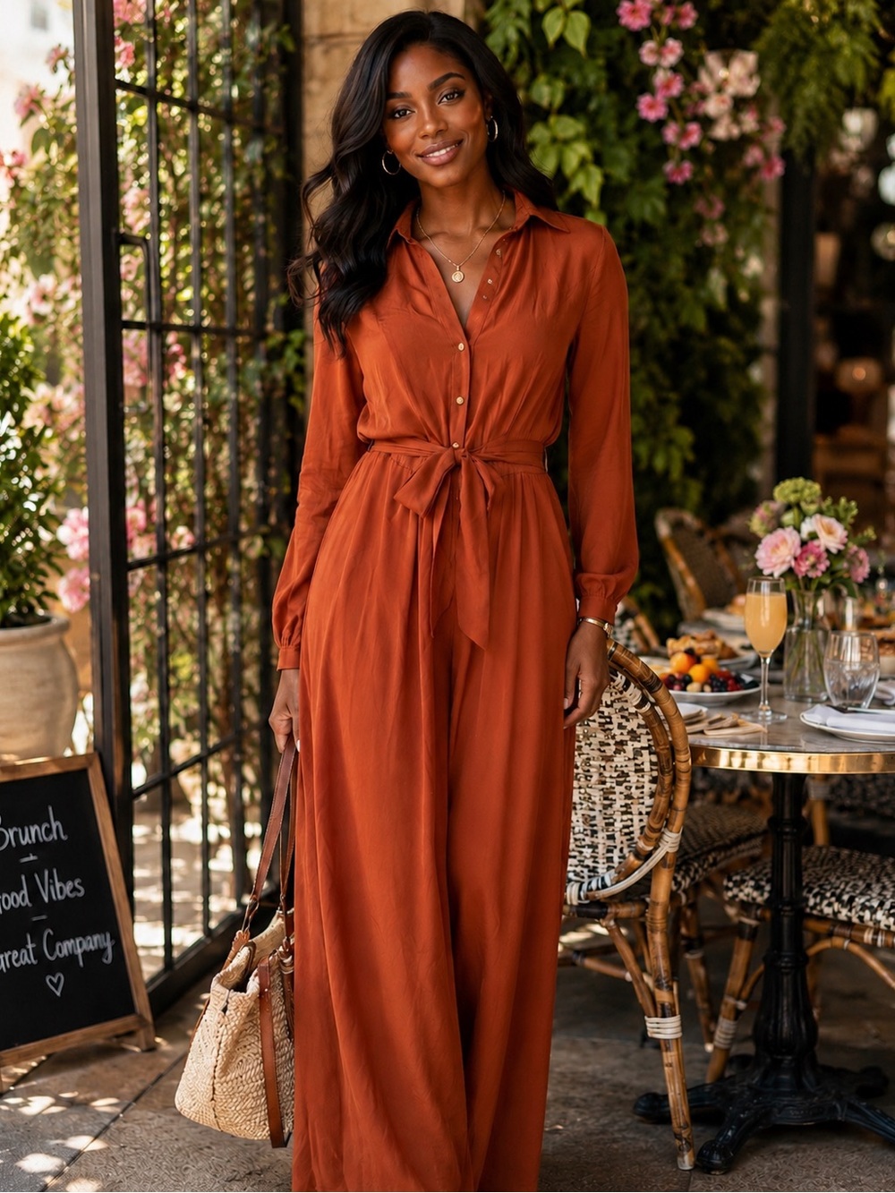 Fashion Nova Rust Tie-Waist Wide Leg Jumpsuit – Size Medium